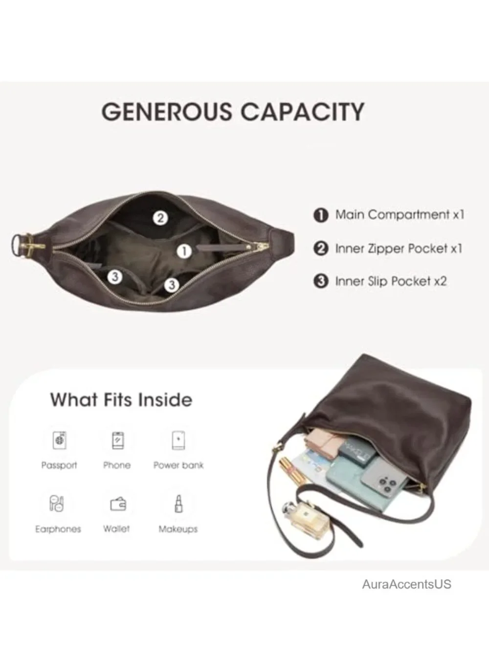 Genuine Leather Hobo Bag Removable Strap Crossbody Shoulder Purse